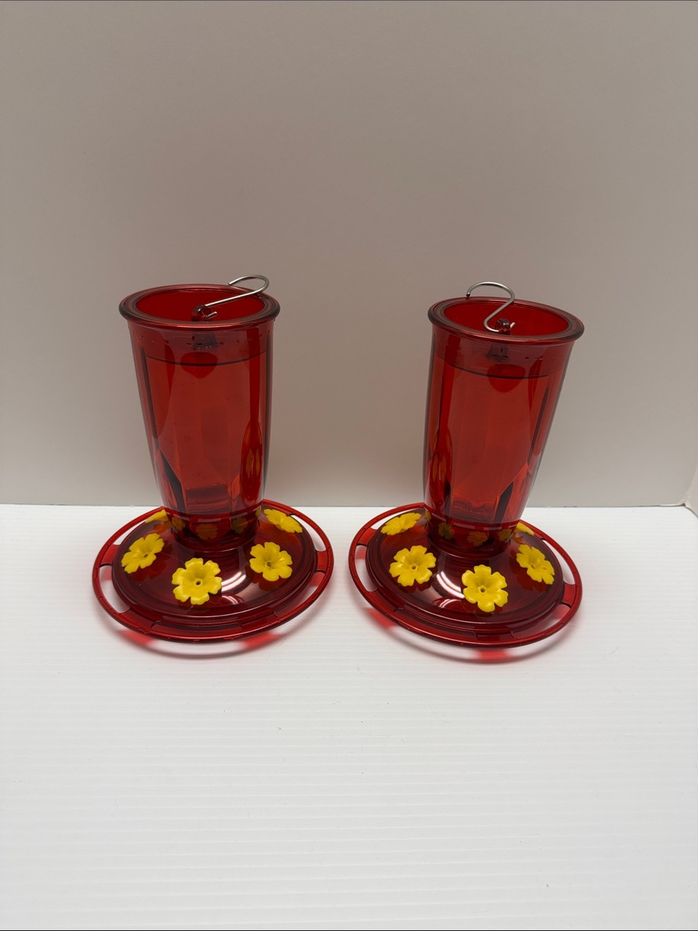 Red Plastic Hummingbird Feeders with Yellow Flower Ports - Set of 2